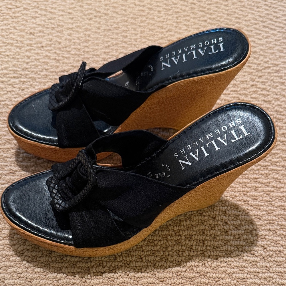 Italian Shoemakers Black and Tan Wedge Sandals